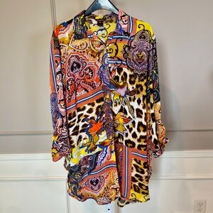 Multiples XL Long Button Down Tunic Blouse Mixed Print Paisley Bold Abstract EUC